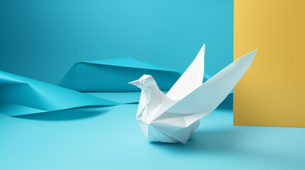 Origami bird on blue background