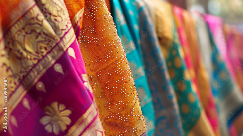 Poster soft focus view of an array of vibrant sarees displaying traditional indian patterns and craftsmansh