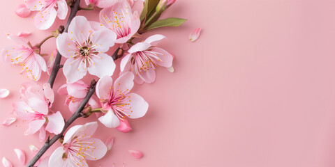 Cherry Blossom Branches with Pink Blooms Over Pastel Pink Background