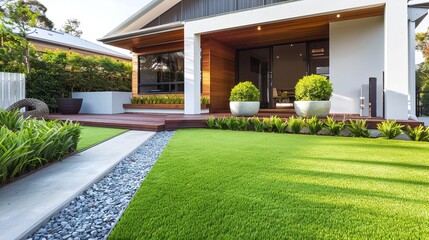 clean surface design for front yard landscaping: contemporary lawn turf with wooden edging and artificial grass boundary decoration