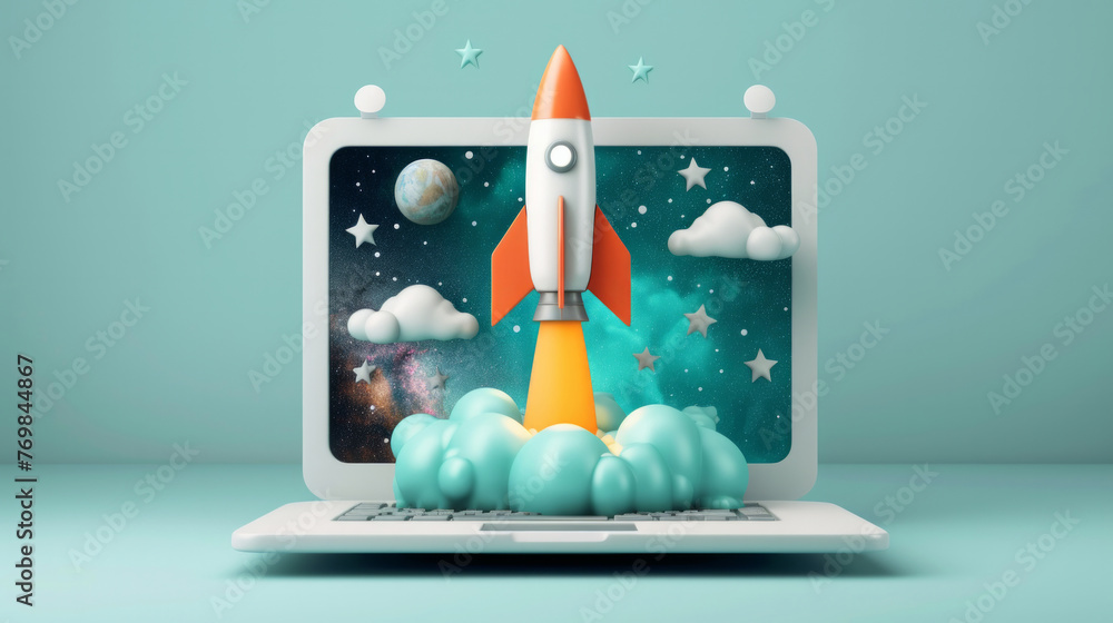 Aufkleber a computer screen shows a rocket launching into space. the image is a creative and imaginative repre