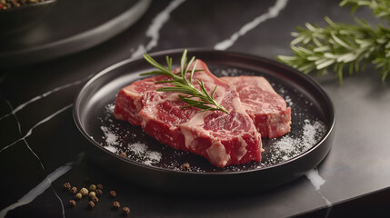 Raw Lamb Chop with Rosemary and Spices on Marble Background