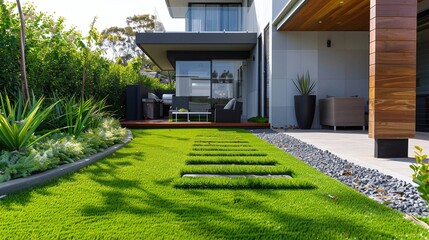 clean surface landscaping for front yard: contemporary lawn turf with wooden edging and artificial grass boundary decoration in modern Australian house