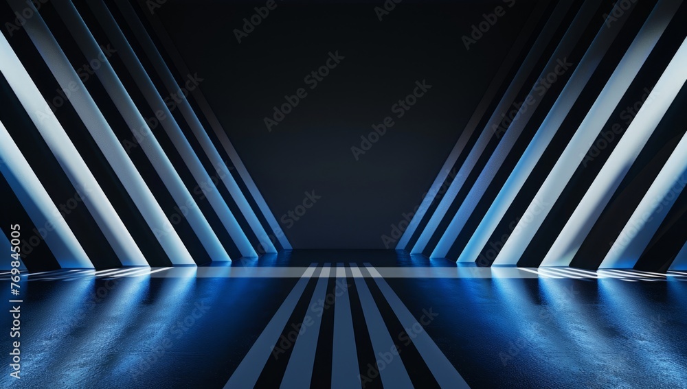 Poster abstract background with blue and white stripes on black, minimalist modern stage design the backgro