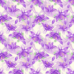 Fototapeta na wymiar Hand drawn watercolor purple aquilegia flowers seamless pattern isolated on cream background. Can be used for textile, fabric, wrapping and other printed products.