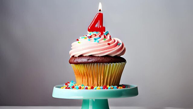 Timlapse with fast sequence of birthday cupcake. four years celbration. 4 Happy birthday animation. Fourth anniversary.