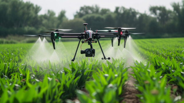 A drone spraying a field of crops