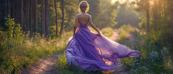 An elegant woman in a purple dress strolls in a forest on a spring day. - obrazy, fototapety, plakaty