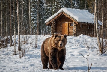 Bear in the forest in winter with a hut in the background
