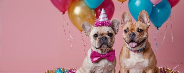 Funny, charming, cute french bulldog dressed in a festive costume on a pink background. Pet holiday concept.