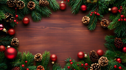 Fototapeta na wymiar Festive Christmas Decoration Border on a Wooden Background