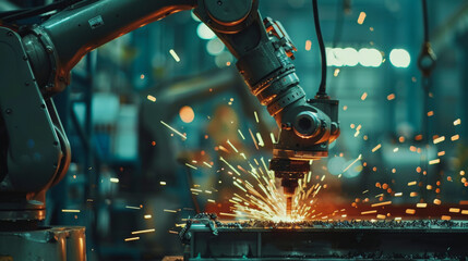 In the factory, the AI robotic arm skillfully welds steel components, creating sparks that illuminate the manufacturing floor