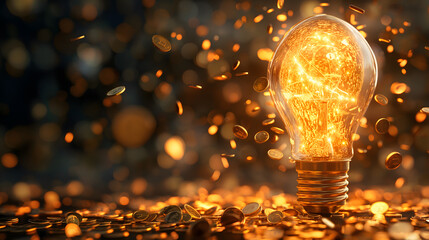 Illuminated Light Bulb Amongst Coins Symbolizing Ideas and Investment