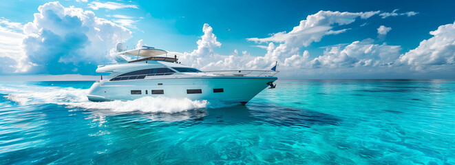 Luxury Motor Yacht Speeding on Open Sea with Cloudy Sky in the Background - obrazy, fototapety, plakaty