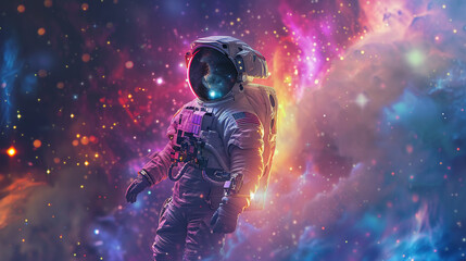 An astronaut floating serenely among a kaleidoscope of galaxies