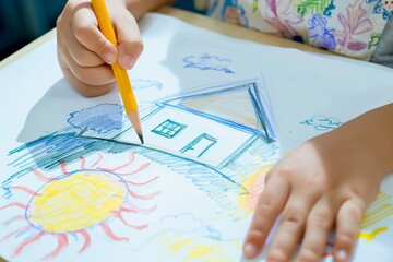 child drawing a house and sun on paper with a pencil - 769846857