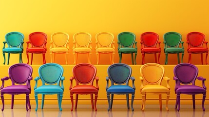 colorful many chair on museum interior with vibrant bright colors