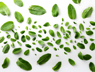Fresh Green Leaves Floating on a Pure White Background