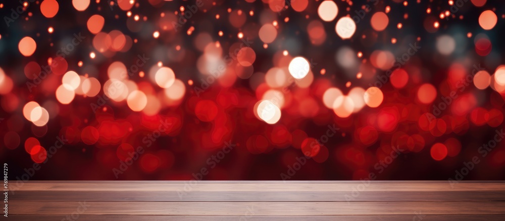 Poster A wooden table with a red Christmas background featuring tints and shades of magenta and carmine. The events theme is highlighted by a liquid pattern and dark circles captured in macro photography