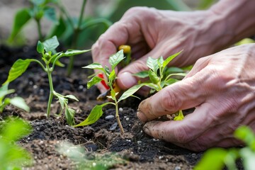 closeup of hands planting a chili seedling