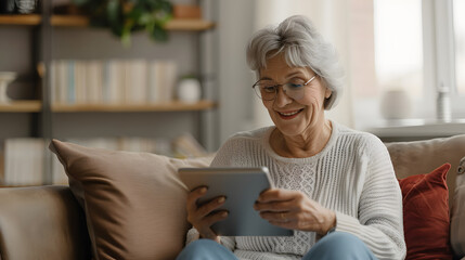 Happy pretty elder woman using digital tablet computer at home, reading electronic book, talking on video call, enjoying online communication, domestic Internet technology