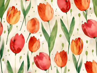 Vibrant Watercolor Illustration of Red Tulips with Green Leaves