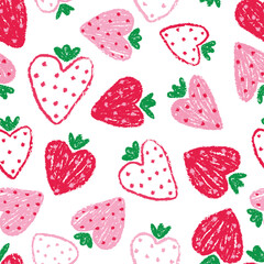 Seamless Strawberry pattern with green leaves. Hand drawn heart shaped strawberries on white background. Cute sketchy hand drawn vector illustration for girls baby and kids fashion and swimwear. 