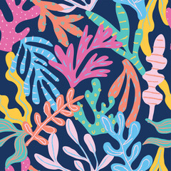 Seamless seaweed background vector pattern with abstract marks. Coral Reef and nautical print for girls and kids fashion.