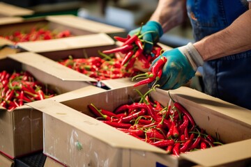 worker packing chili peppers into boxes for sale