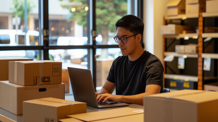 Owners man entrepreneurs working, box and check online orders or selling with computer to prepare pack the boxes to customer, SME business online concept.