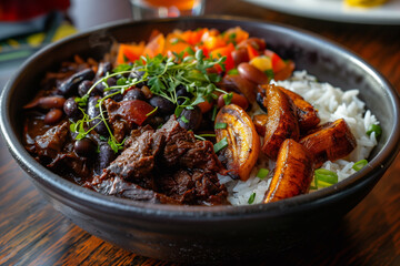Pabellon Criollo dish featuring rice, black beans, tender beef, and sweet fried plantains. Venezuelan dish.
