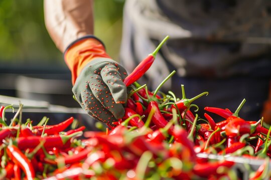 worker wearing gloves harvesting red chili peppers