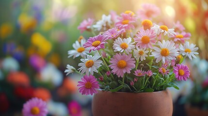 cheerful spring flower blossoming flower pot with sunlight, aster flower , Generative Ai	
