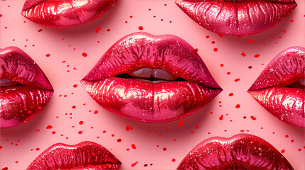 Creative pattern background with red sparkling glitter female lips, glamour make-up banner advertising.