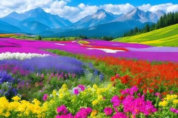 amazing spring flower garden and mountain landscape background - obrazy, fototapety, plakaty