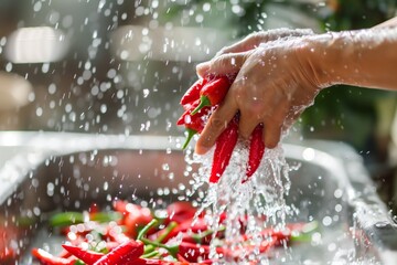 person washing chili peppers under running water - 769848654