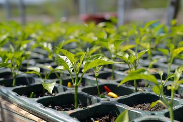 Fototapeta premium young chili plants in nursery trays