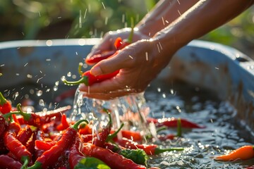 person washing chili peppers under running water - 769848665