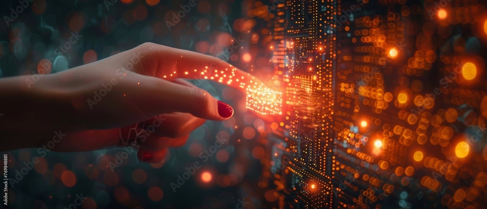 Poster symbol of innovation and creativity, female hand pointing to abstract glowing cubes on blurry circui