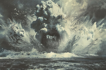 A nuclear explosion at sea, the water being pushed aside by the force of the blast. - obrazy, fototapety, plakaty