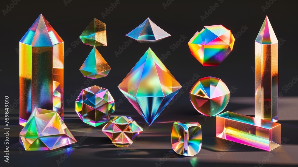 Poster A stylish holographic retro futuristic set object. Glossy iridescent geometric shapes. Crystal glass elements. Overlay dispersion light. Rainbow gradient icon on black background. 3D rendering.