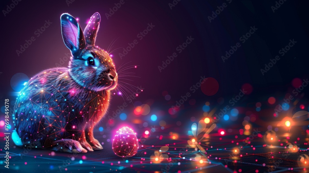 Leinwandbilder The Easter banner with egg and bunny is in digital style. The Easter background is designed in a technological style.