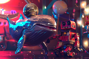 A whale is dancing in a disco with a robot. The whale is silver and shiny and has a disco ball on its head.