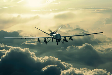 An abstract image of a combat drone emerging from a bank of clouds.