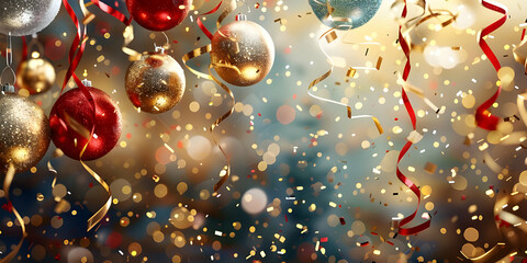 A concept of sparkling christmas celebration setup with multi colored christmas balls and ribbons on a confetti background