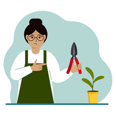 A gardener is a woman in working clothes, he has a pruner in his hand. Vector flat illustration