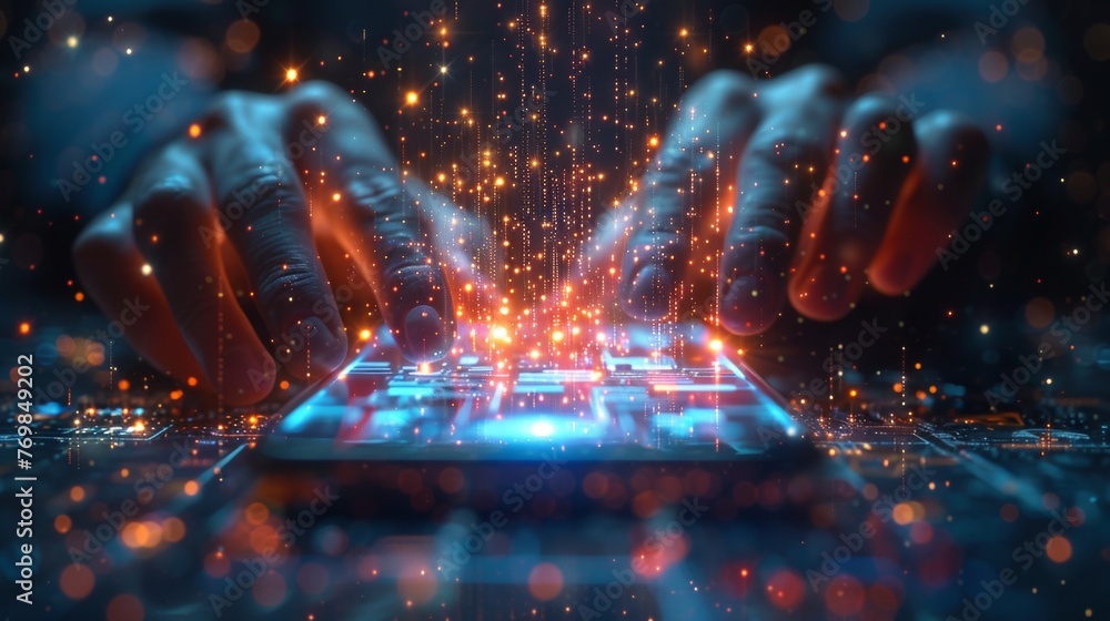 Poster Two multidirectional arrows on the background of a hand holding a smartphone, the concept of sharing in the application. Modern illustration.