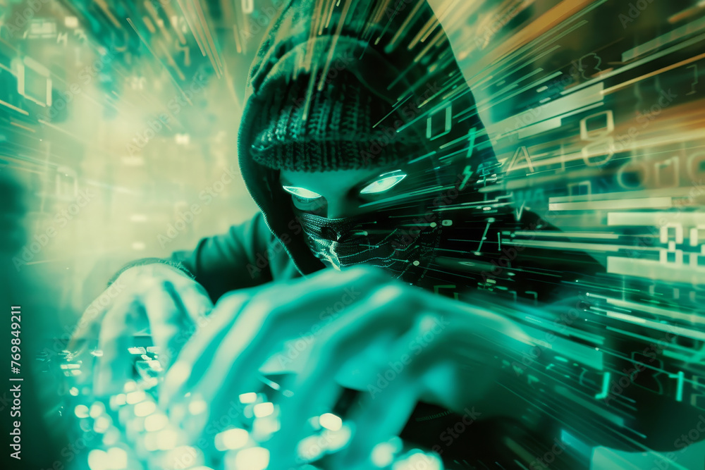 Poster an abstract image of a hacker in a mask, their fingers flying over a keyboard.