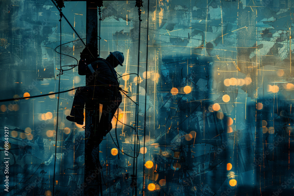 Poster an abstract image of a high-voltage electrician at work on a power line. the cityscape can be seen i