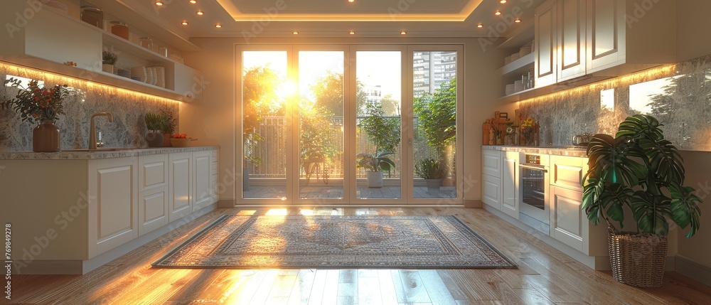 Poster Three-dimensional rendering of a bright kitchen. Kitchen with an empty wall. Catalog accessories...